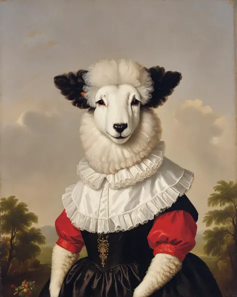 oil painting master,a white(sheep|dog)aristocratic portrait,(Afro hairstyle:1.2),Ruff Collar,