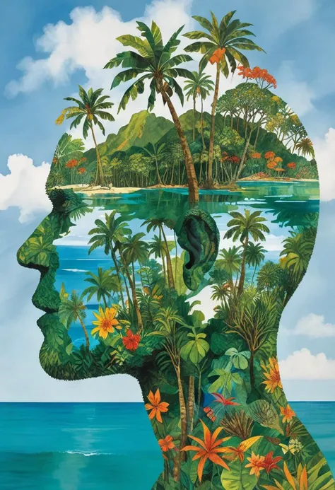 dvr-wwyt, double exposure, profile portrait of a tropical island by artist Eric Carle