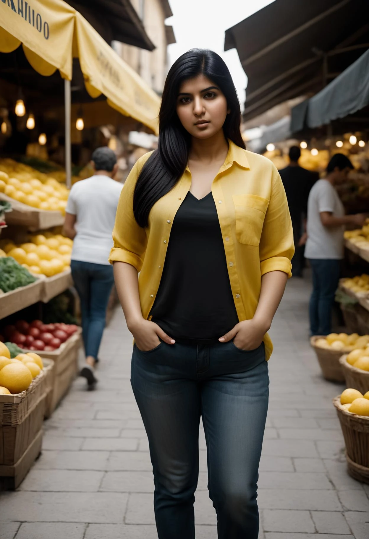 cinematic photo of cinematic photo of a fashionable full-frame portrait of <lora:AliyaLoraXL2-000020:1> aliyaloraxl2, black hair, (hand on hip:1.4), small breasts, 1girl, 32y.o south asian woman, black eyes, (slightly overweight:1.2), (beautiful:1.4), 35mm, FujiXT3, gritty raw street photography, plain clean earthy tourist, yellow linen shirt with the text "Aliya II" written on it, walking through an Italian market, shot with Canon EOS 5D Mark IV, , 35mm photograph, film, bokeh, professional, 4k, highly detailed, 35mm photograph, film, bokeh, professional, 4k, highly detailed