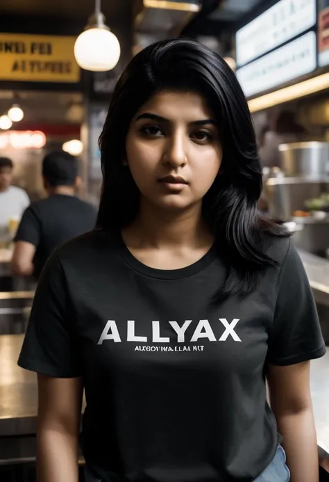 cinematic photo of cinematic photo of a fashionable full-frame portrait of <lora:AliyaLoraXL2-000035:1> aliyaloraxl2, black hair, small breasts, 1girl, 32y.o south asian woman, black eyes, (slightly overweight:1.4), (beautiful:1.4), 35mm, FujiXT3, gritty raw street photography, plain clean earthy female hacker, black punk t-shirt wit the text "Aliya II" written on it, sitting in a busy crowded street diner, shot with Canon EOS 5D Mark IV, , 35mm photograph, film, bokeh, professional, 4k, highly detailed, 35mm photograph, film, bokeh, professional, 4k, highly detailed