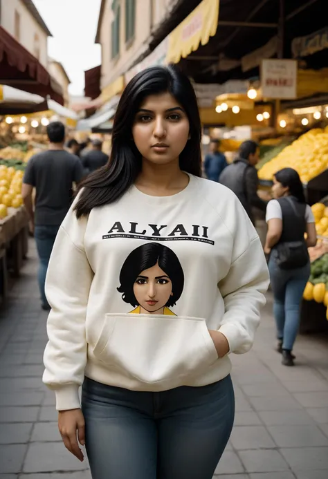 cinematic photo of cinematic photo of a fashionable full-frame portrait of  <lora:AliyaLoraXL2-000020:1> aliyaloraxl2, black hair, (hand on hip:1.4), small breasts, 1girl, 32y.o south asian woman, black eyes, (slightly overweight:1.2), (beautiful:1.4), 35mm, FujiXT3,  gritty raw street photography, plain clean earthy tourist, yellow punk t-shirt with the text "Aliya II" written on it, white open jacket, walking through an Italian market, shot with Canon EOS 5D Mark IV, , 35mm photograph, film, bokeh, professional, 4k, highly detailed, 35mm photograph, film, bokeh, professional, 4k, highly detailed