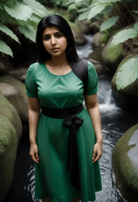 cinematic photo of cinematic photo of a fashionable full-frame portrait of <lora:AliyaLoraXL2-000020:1> aliyaloraxl2, from above, black hair, looking up, (hand on hip:1.4), small breasts, 1girl, 32y.o south asian woman, black eyes, (slightly overweight:1.2), (beautiful:1.4), 35mm, FujiXT3, gritty raw photography, plain clean earthy tourist, green dress, wasit-deep, wading in water, shot with Canon EOS 5D Mark IV, , 35mm photograph, film, bokeh, professional, 4k, highly detailed, 35mm photograph, film, bokeh, professional, 4k, highly detailed