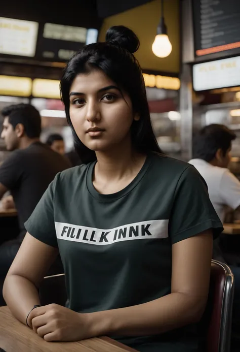 cinematic photo of a fashionable full-frame portrait of <lora:AliyaLoraXL2:1> aliyaloraxl2, black hair, small breasts, 1girl, 32y.o south asian woman, black eyes, (slightly overweight:1.4), (beautiful:1.4), 35mm, FujiXT3, gritty raw street photography, plain clean earthy female hacker, black punk t-shirt, sitting in a busy crowded street diner, shot with Canon EOS 5D Mark IV, , 35mm photograph, film, bokeh, professional, 4k, highly detailed
