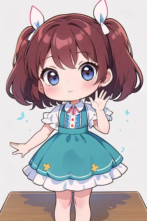 ultra detail,best quality,masterpiece, 1girl,chibi ,standing on table,waving at viewer, <lora:chibi style:0.8>