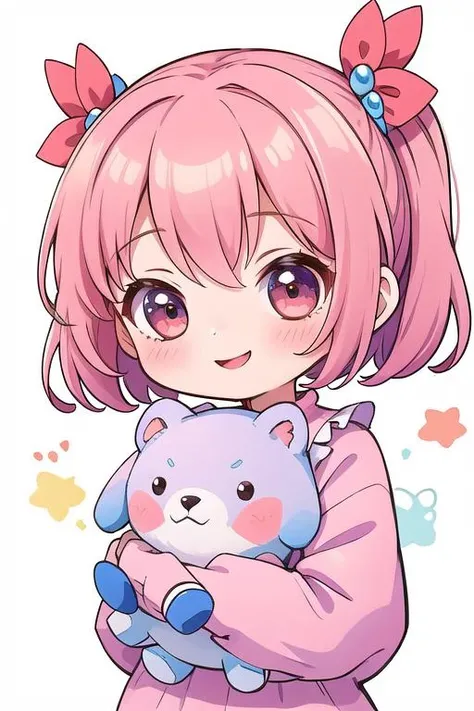 Mofumofu、oxytocin、longshot、(looking-down)、Wide-angle camera、High Position、 Soft lighting, High quality, Shortcut Hair,Purple eyes、Brown hair、Cute girl in pink room、(Whole body-V、4-S750)、Soft breasts、Ashamed、red blush、