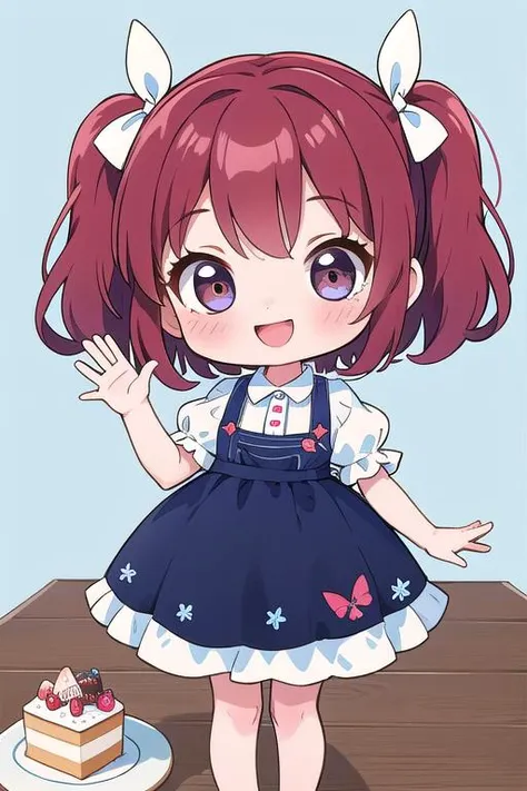 ultra detail,best quality,masterpiece, 1girl,chibi ,standing on table,cake on table,happy,waving at viewer, <lora:chibi style:0.7>