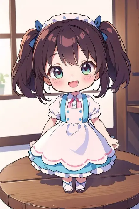 ultra detail,best quality,masterpiece, 1girl,chibi ,standing on table,large cake on table,happy, <lora:chibi style:0.7>