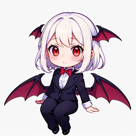 ((full_body)), 1girl, tuxedo, vampire, red_eyes, demon_wings, head_wings, brooch, bowtie, white_background, naughty face, flying,
<lyco:chibi style-000020:0.8> chibi,