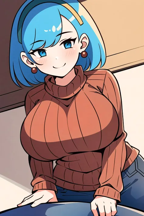 <lora:amelianv1:0.6>, 1boy, 1girls, blue hair, cum, cum through clothes, earrings, paizuri, paizuri under clothes, smile, straight, sweater
