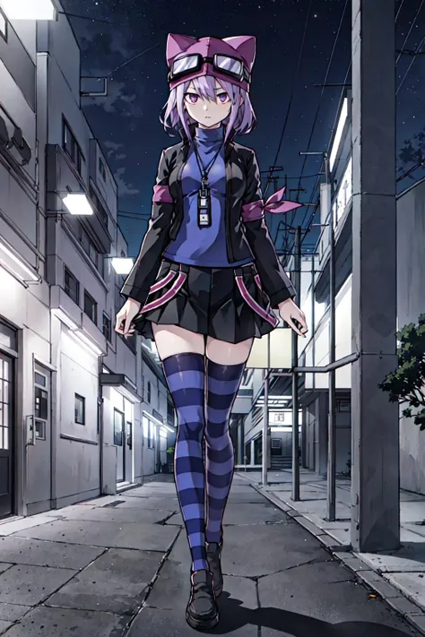 sayo, solo, animal hat, zettai ryouiki, striped legwear, skirt, open jacket, goggles, purple hair, purple eyes, armband, tall, medium breasts, blue shirt, tired, walking, detailed eyes, black jacket, full body, mature,
nighttime, mesa, outdoors,
best quality,