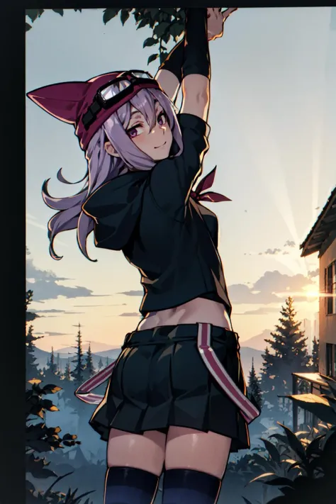 best quality, highres, from behind, looking back,
sayo, animal hat, zettai ryouiki, striped legwear, skirt, open jacket, goggles, purple hair, purple eyes, armband, small smile, arms up, stretching,
(forest, daylight, mottled sunlight),