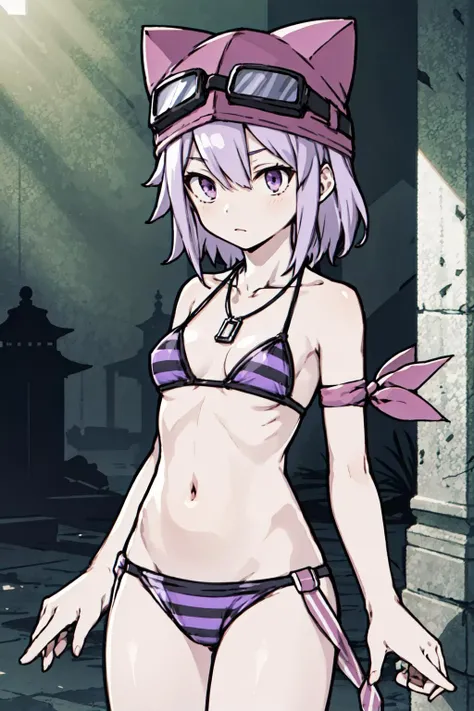 best quality, sayo, solo, animal hat, from front, goggles, purple hair, purple eyes, mature, medium breasts, midriff, navel, striped bikini, mature female, necklace. bare arms
forest, temple ruins,