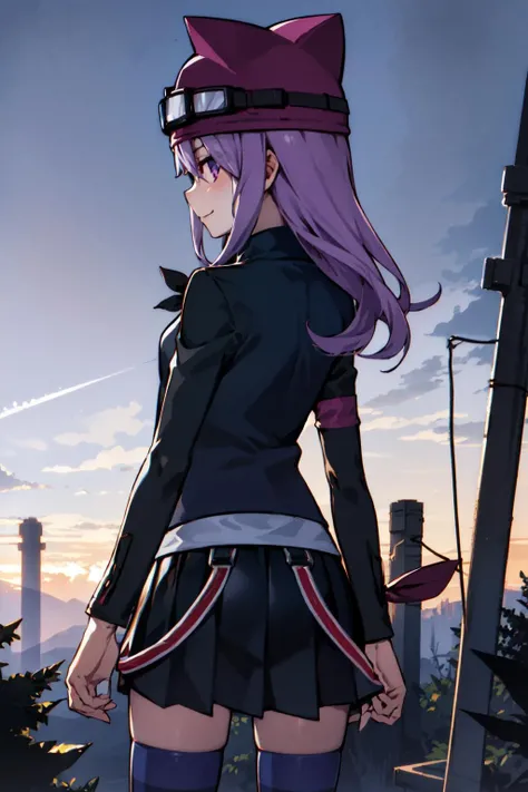 best quality, highres, from behind, looking back,
sayo, animal hat, zettai ryouiki, striped legwear, skirt, open jacket, goggles, purple hair, purple eyes, armband, small smile, dynamic pose,
(forest, daylight, mottled sunlight),