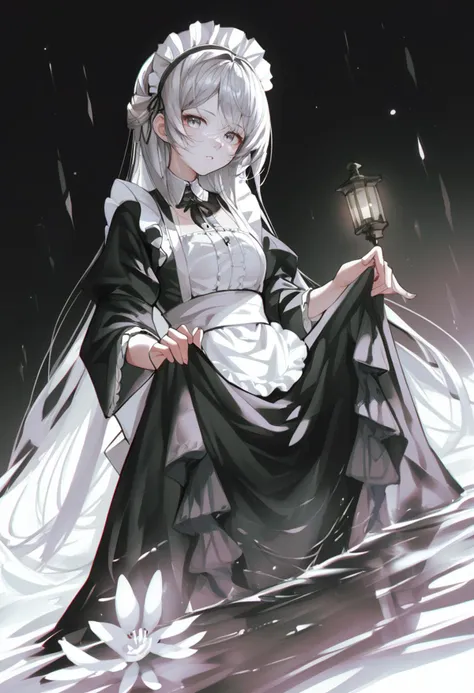 score_9, score_8_up, score_7_up, score_6_up, <lora:iumuXL_P6_lokr_V43P1:0.95> 1girl, solo, lantern, long hair, holding lantern, holding, black background, dress, parted lips, frills, looking at viewer, grey eyes, flower, grey hair, water, long sleeves, wide sleeves, frilled dress, white flower, wading, very long hair, simple background, maid headdress, standing, apron, black dress, maid, dutch angle, skirt hold