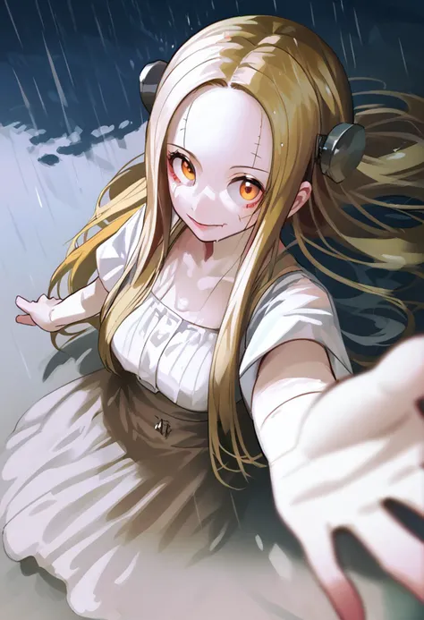 score_9,score_8_up,score_7_up,1girl,solo,source_anime,rating_questionable,foreshortening,cinematic_angle,dynamic_angle,long hair,perfect face,pretty face,reaching_out,(hand:1.2),<lora:iunuXLP6lokrV43P1:1>,dutch angle,from_above,extreme close-up,<lora:Fran_Madaraki_pony_ct:1>,ct_fr4n,blonde hair,crazy_smile,steam,rain,dim lighting,wet,looking_at_viewer,