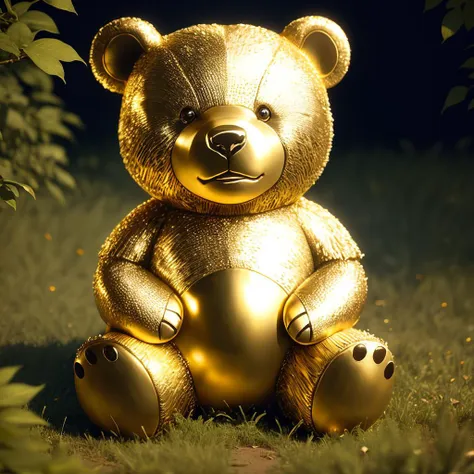 a (goldcarvingcd, shiny:1.1) bear, (solo:1.2), sitting in lawn, <lora:goldcarvingcd-000006:0.6>, no humans, high quality, masterpiece, realistic, photorealistic, long-focus, (outdoors)