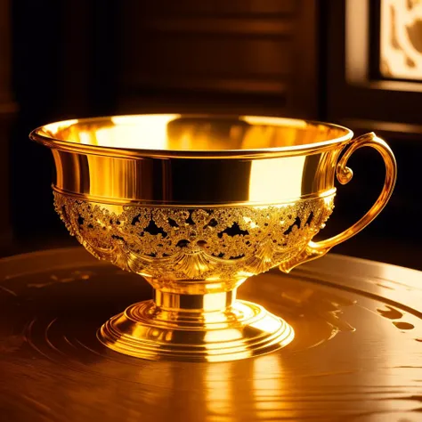 a (goldcarvingcd, shiny:1.1) cup, (solo:1.2), <lora:goldcarvingcd-000006:0.7>, no humans, high quality, masterpiece, realistic, photorealistic, long-focus, (indoors, on table:1.2)