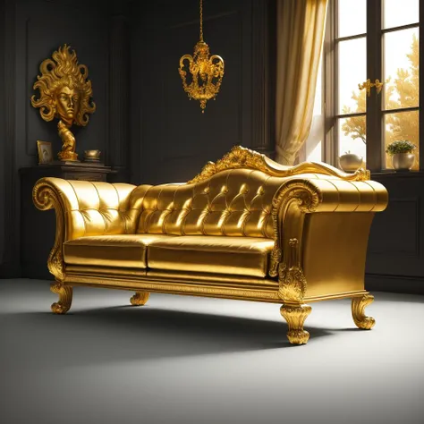 a sofa, <lora:goldcarvingcd-000008:0.7>, goldcarvingcd, high quality, masterpiece, realistic, photorealistic, long-focus, indoors, full body