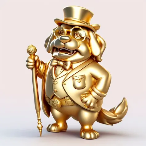 masterpiece, best quality, a (goldcarvingcd, shiny:1.1) dog, gold carving,wearing a tuxedo, with a beard and eyes, holding a cane, a top hat, wearing glasses, smiling and standing in front of a white background, cartoon style, 2D game art, cartoon character design, Simple details, shadowless ground, colorful costumes, full body shot, high resolution, high detail, high quality. Portrait, cartoon, IP character, task, Pixar style, Disney style, super realism, gradient background exquisite 3D rendering, 3D, 4K, Blender, C4D, octane rendering,Lively and cute expressions,unreal engine 5 quality render,a 3D render, <lora:(çº¿ç¨¿ä¸è²)blindbox_v1_mix:1>,gold full body,<lora:goldcarvingcd:1>