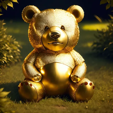 a (goldcarvingcd, shiny:1.1) bear, (solo:1.2), sitting in lawn, <lora:goldcarvingcd-000007:0.7>, no humans, high quality, masterpiece, realistic, photorealistic, long-focus, (outdoors)