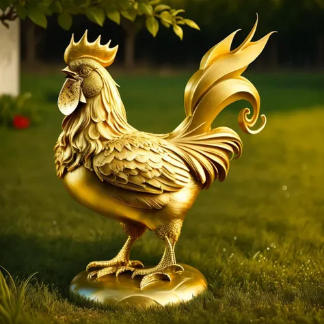 a (goldcarvingcd, shiny:1.1) rooster, (solo:1.2), standing in lawn, <lora:goldcarvingcd-000006:0.7>, no humans, high quality, masterpiece, realistic, photorealistic, long-focus, (outdoors)