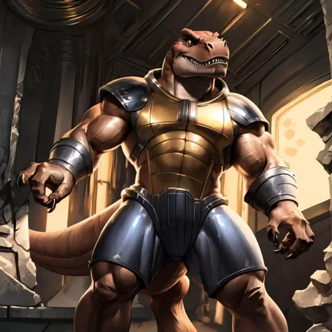 score_9, score_8_up, score_7_up, score_6_up, score_5_up, score_4_up,
8K CGI video game, powerful muscular build, muscular male, bara, side lighting, rim lighting, cinematic lighting, In'ei, (highly detailed), (Masterpiece), beautiful details, crisp, chiaroscuro, anime style, digital illustration, deep metallic colors, bright vivid colors, intricate detail, detailed background,
(character is (genghis rex, dinosaur, tyrannosaurus rex, muscles, muscular, dinosaucers, futuristic armor, armor, sharp teeth, colored lines, villain, )),
((in the style of and art by racoon21, null ghost, taran fiddler, ruaidri, yupa, kiyosan, jiandou, darkgem, ReptileCynrik, FrAnubis, Pino Daeni, Raphael, Leonardo da Vinci, midjourney, Thomas Kinkade, James Gurney, Frank Lloyd Wright, )),
<lora:GenghisRex:0.85> <lora:add_detail:0.35> <lora:add_sharpness:0.15> <lora:EyesGen:0.25> <lora:YQ_MaterialEnhancer_:0.35> <lora:waterVFX:0.35> <lora:goldcarvingcd:0.15> goldcarvingcd <lora:silvercarvingcd:1> silvercarvingcd