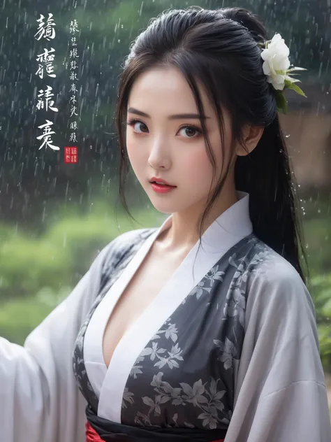 18 y.o beautiful girl,gorgeous hanfu,(surprised look:1.1),(surprised expression:1.1),32k UHD,(eye close-up:1.5),Realistic,(smile:0.5),soft backlight,triangular face,((breeze)),flying splashes,flying petals,wind,(:o:1.3),<lora:goldcarvingcd-000006:0.8>,
Realistic,Masterpiece,extremely delicate facial depiction,heavy rain,crazy body movements,exaggerated perspective,poster,androgyny,fashion,dramatic lighting,strong tones,distortion style,black forest,ink wash painting,traditional chinese text,cleavage,