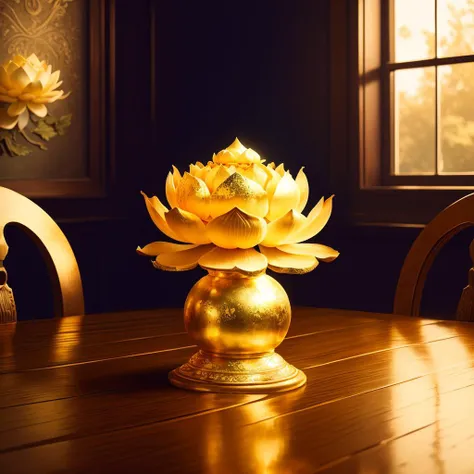 a (goldcarvingcd, shiny:1.1) lotus flower and lotus leaf, (solo:1.2), <lora:goldcarvingcd-000007:0.8>, no humans, high quality, masterpiece, realistic, photorealistic, long-focus, (indoors, on table:1.2)