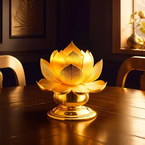 a (goldcarvingcd, shiny:1.1) lotus flower and lotus leaf, (solo:1.2), <lora:goldcarvingcd-000006:0.7>, no humans, high quality, masterpiece, realistic, photorealistic, long-focus, (indoors, on table:1.2)