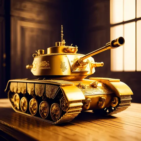 a (goldcarvingcd, shiny:1.1) tank, toy model, (solo:1.2), <lora:goldcarvingcd-000006:0.6>, no humans, high quality, masterpiece, realistic, photorealistic, long-focus, (indoors, on table:1.2)