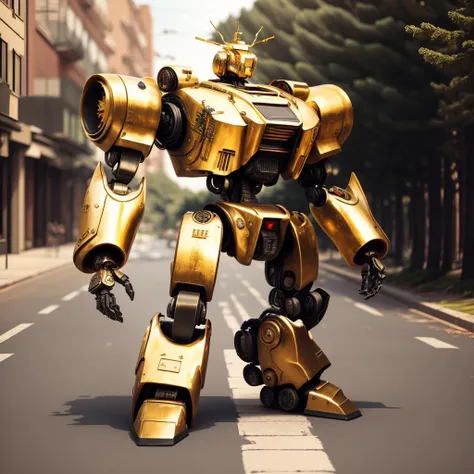 a (goldcarvingcd, shiny:1.1) armored robot, battle mech, (solo:1.2), standing in street, <lora:goldcarvingcd-000006:0.6>, no humans, high quality, masterpiece, realistic, photorealistic, long-focus, (outdoors, there are many pine trees in the street)