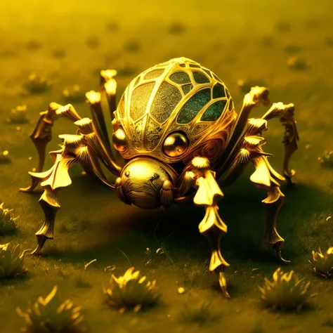 a (goldcarvingcd, shiny:1.1) cute spider, (solo:1.2), standing in lawn, <lora:goldcarvingcd-000007:0.8>, no humans, high quality, masterpiece, realistic, photorealistic, long-focus, (outdoors)