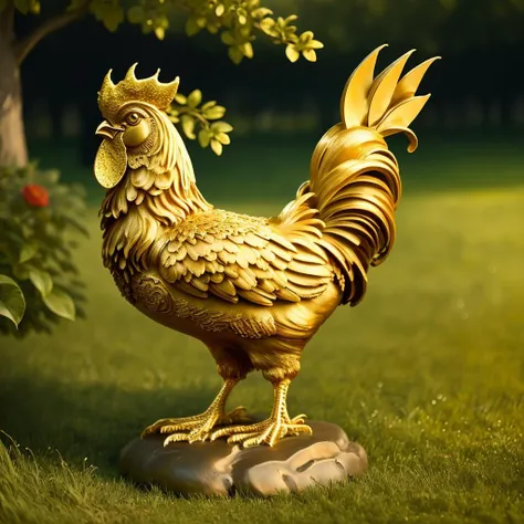 a (goldcarvingcd, shiny:1.1) rooster, (solo:1.2), standing in lawn, <lora:goldcarvingcd-000007:0.6>, no humans, high quality, masterpiece, realistic, photorealistic, long-focus, (outdoors)