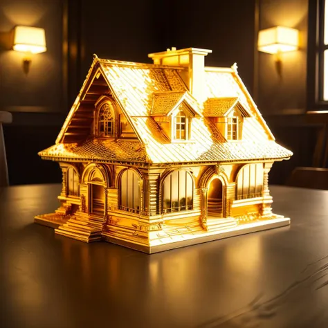 a (goldcarvingcd, shiny:1.1) villa, building model, (solo:1.2), <lora:goldcarvingcd-000007:0.8>, no humans, high quality, masterpiece, realistic, photorealistic, long-focus, (indoors, on table:1.2)