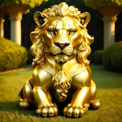 a (goldcarvingcd, shiny:1.1) lion, (solo:1.2), sitting in lawn, <lora:goldcarvingcd-000007:0.8>, no humans, high quality, masterpiece, realistic, photorealistic, long-focus, (outdoors)