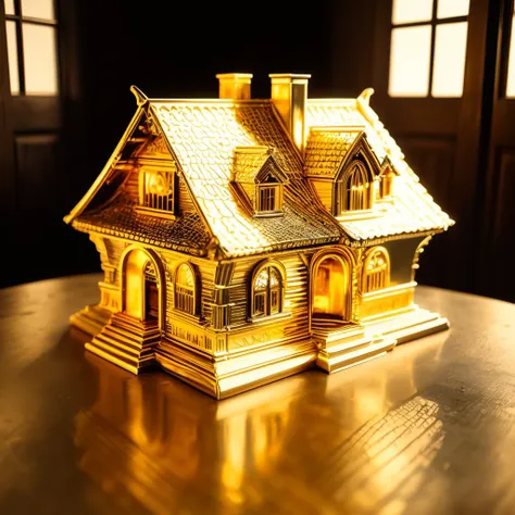 a (goldcarvingcd, shiny:1.1) villa, building model, (solo:1.2), <lora:goldcarvingcd-000006:0.8>, no humans, high quality, masterpiece, realistic, photorealistic, long-focus, (indoors, on table:1.2)