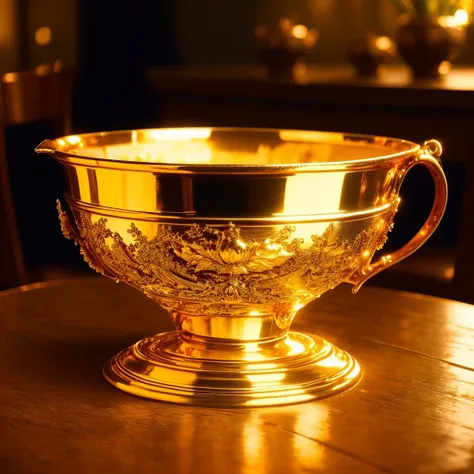 a (goldcarvingcd, shiny:1.1) cup, (solo:1.2), <lora:goldcarvingcd-000007:0.8>, no humans, high quality, masterpiece, realistic, photorealistic, long-focus, (indoors, on table:1.2)