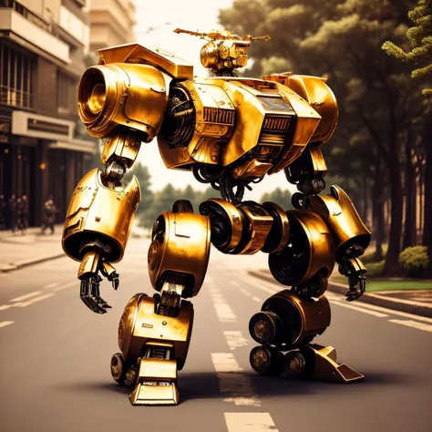 a (goldcarvingcd, shiny:1.1) armored robot, battle mech, (solo:1.2), standing in street, <lora:goldcarvingcd-000007:0.8>, no humans, high quality, masterpiece, realistic, photorealistic, long-focus, (outdoors, there are many pine trees in the street)