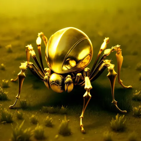 a (goldcarvingcd, shiny:1.1) cute spider, (solo:1.2), standing in lawn, <lora:goldcarvingcd-000006:0.8>, no humans, high quality, masterpiece, realistic, photorealistic, long-focus, (outdoors)