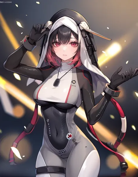 masterpiece, detailed, high quality, absurdres, lyraf, 1girl, solo, 
BREAK bodysuit, hood, gloves, skin tight, nun,