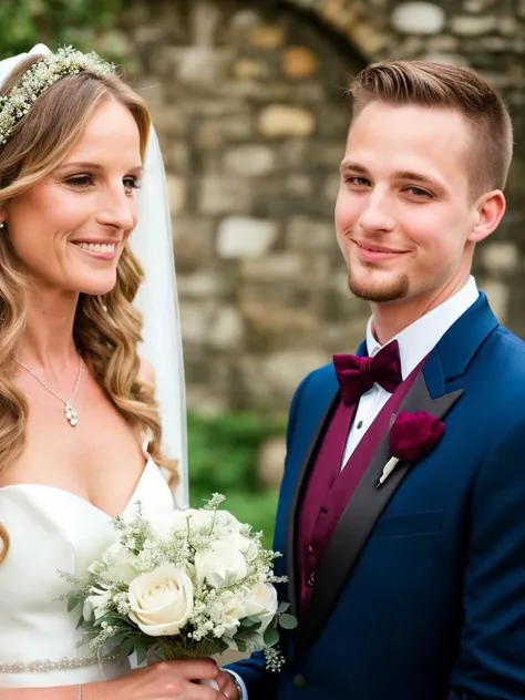 Wonderful wedding photograph,castle background <lora:epiNoiseoffset_v2:1> AND beautiful 50-year-old SKS woman as the bride,beautiful intricate wedding dress, long curly blonde hair,(flowers in hands:1.3),<lora:locon_helenhunt_v1_from_v1_64_32:1.3>,Wonderful wedding photograph,castle background AND young 25-year-old blue-eyed groom wearing a burgundy tuxedo,(elegant thick goatee:1.3),Wonderful wedding photograph,castle background