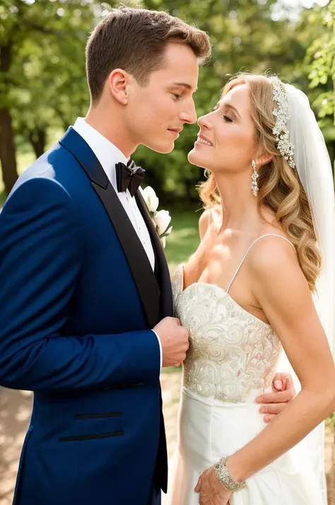 Wonderful wedding photograph, <lora:epiNoiseoffset_v2:1> AND young 25-year-old blue-eyed groom wearing a tuxedo,Wonderful wedding photograph AND beautiful 50-year-old SKS woman as the bride,beautiful intricate wedding dress, long curly blonde hair,<lora:locon_helenhunt_v1_from_v1_64_32:1>,Wonderful wedding photograph