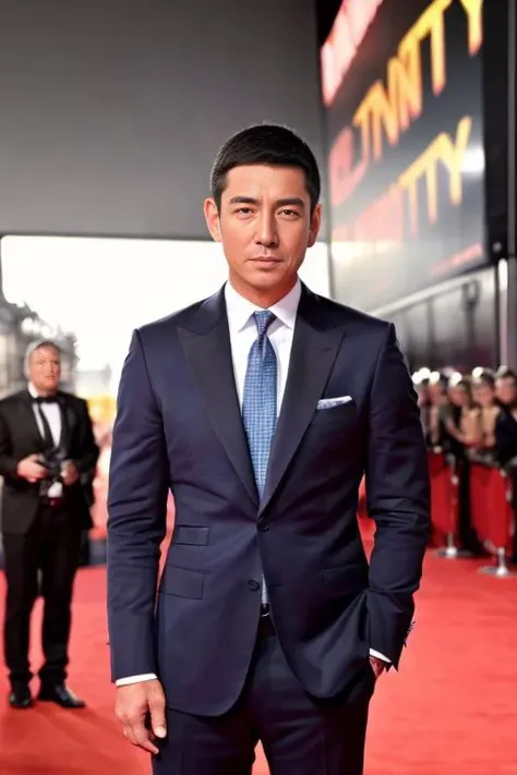 a men as a movie star, (portrait:1.2), (half body:1.2),(face focus:1), modelshoot style, (extremely detailed CG unity 8k wallpaper), Intricate, High Detail, Sharp focus, dramatic,photorealistic painting art by midjourney and greg rutkowski , ((movie premiere gala)), ((standing on the red carpet)), ((paparazzi in the background)), (looking at viewer), (detailed pupils:1.2), (elegant suit:1.3) <lora:gaocangjian:0.8>