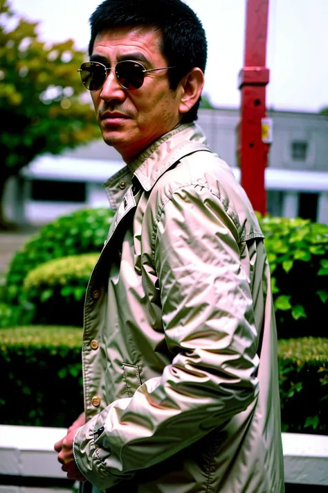 best quality, ultra high res, (photorealistic:1.4),Long trench coat,sunglasses, At the wharf,masterpiece, blurry background,1boy,standing ,(looking at viewer), <lora:gaocangjian:0.8>