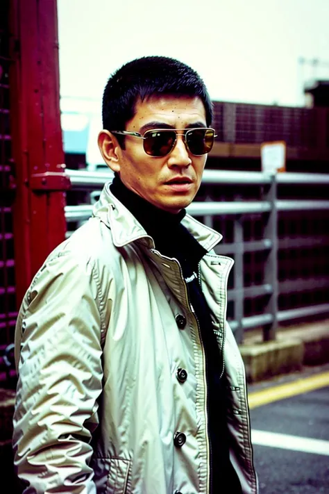 best quality, ultra high res, (photorealistic:1.4),Long trench coat,sunglasses, At the wharf,masterpiece, blurry background,1boy,standing ,(looking at viewer), <lora:gaocangjian:0.8>