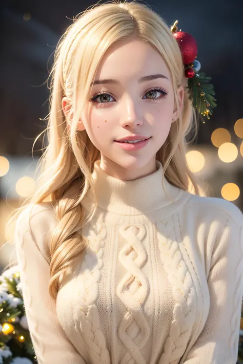 (RAW 8k photo) of DEN_alice_delish, (wearing edgPO pullover, edgPO, christmas themed sweater), <lora:edgPullovers:1>, (RAW photo, best quality), (realistic, photo-realistic:1.4), masterpiece, an extremely delicate and beautiful, extremely detailed, 2k wallpaper, Amazing, finely detail, extremely detailed CG unity 8k wallpaper, ultra-detailed, highres, soft light, mascara, makeup, beautiful detailed woman, smiling, perfect anatomy, long hair, extremely detailed eyes and face, beautiful detailed nose, beautiful detailed eyes, cinematic lighting, in the garden, christmas backdrop, winter scenery, christmas decorations, snowy backdrop