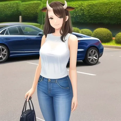 original, cow girl, sleeveless shirt, jeans, horns, smile, parking lot background, solo, original, masterpiece, best quality