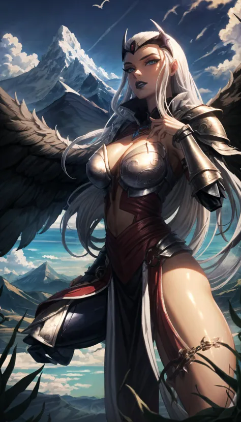(cowboy shot), sfw, (masterpiece), (best quality:1.0), (ultra highres:1.0), detailed eyes,
BREAK
<lora:Charmcaster-000008:0.7> Charmcaster, 1girl, slicked-back hair, long hair, blue eyes, black lipstick, crown
<lyco:walkure:1.0> Valkyrie, wings, armor, chainmail armor
BREAK
(mountain, clouds, outdoors, gorgeous view)