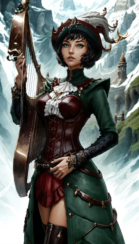 (cowboy shot), sfw, (masterpiece), (best quality:1.0), (ultra highres:1.0), detailed eyes,
BREAK
<lora:OpalTLOK:0.8> OpalTLOK, 1girl, green eyes
<lyco:Brd_Glam:0.7> Brd_Glam, bard outfit, playing harp, frills, pointy hat, corset,
BREAK
(random location, gorgeous view)