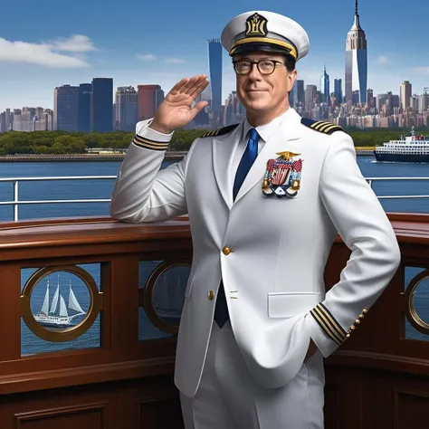Colbert1024, full body, a sailor with glasses,(salute:1.5), on a boat, statue liberty, detailed eyes, photography, highly detailed, sharp focus trending on artstation, studio photo, intricate details, highly detailed, by greg rutkowski   <lora:Colbert1024:0.8>